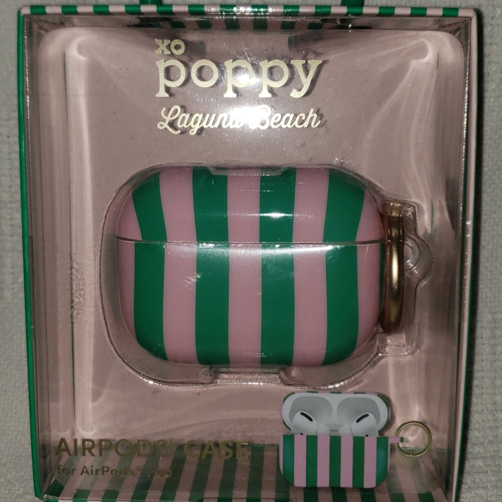New- XO Poppy Pink & Green Striped AirPods Case